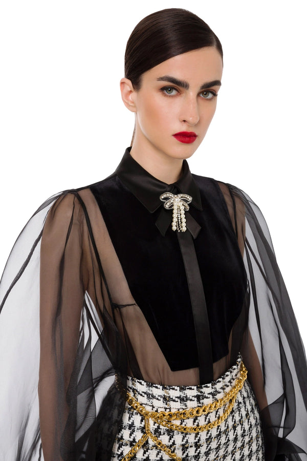 Bodysuit-style Blouse in Organza with Maxi Sleeves