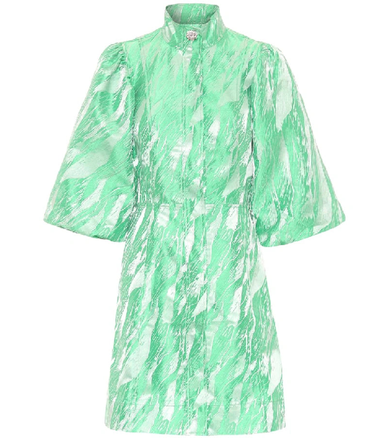 Crystal-button Puff-sleeve Satin-jacquard Dress