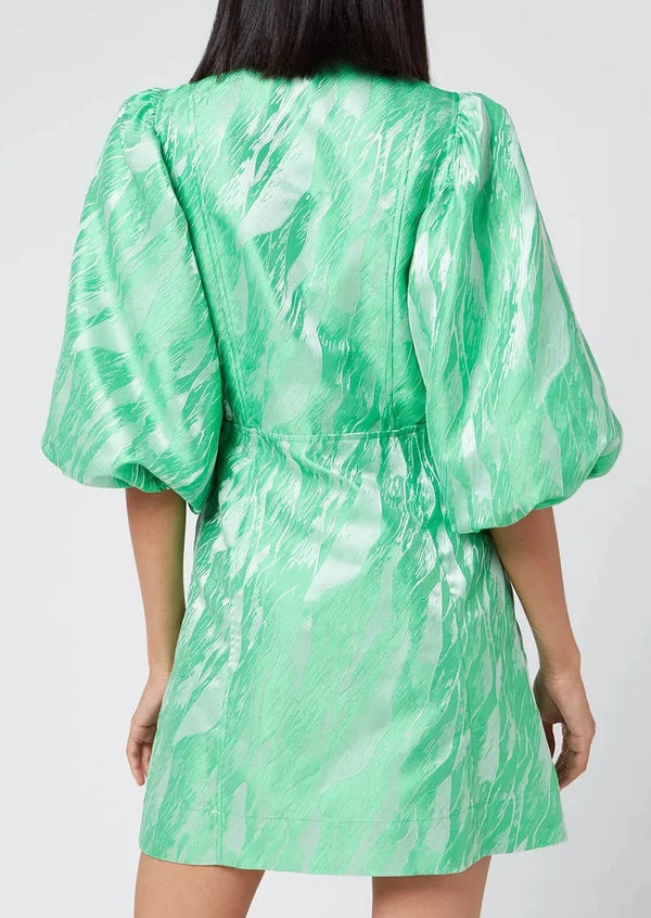 Crystal-button Puff-sleeve Satin-jacquard Dress