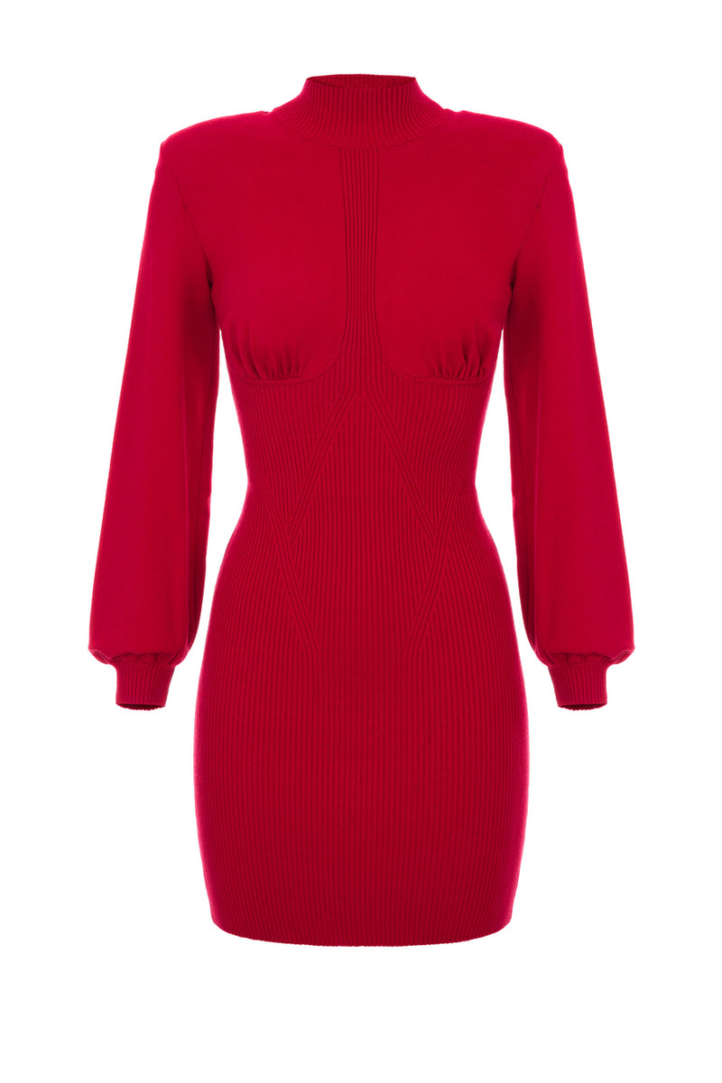 Fine rib mini dress with high collar and breast cups