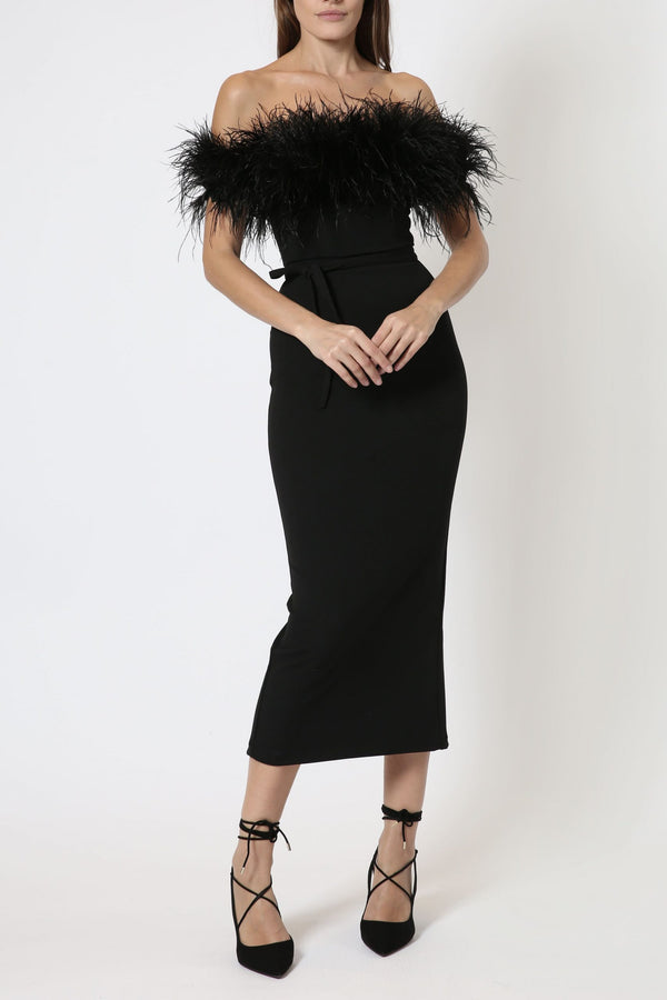 Feather-trimmed Off-shoulder Midi Dress with Long Gloves
