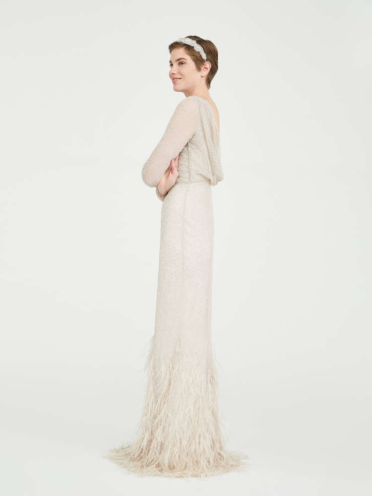 Fitted Feathers Long Sleeve Gown