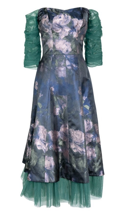 Green Flower Print Midi Layered Dress