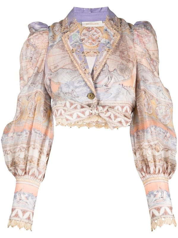 High tide cropped printed linen and silk-blend shirt