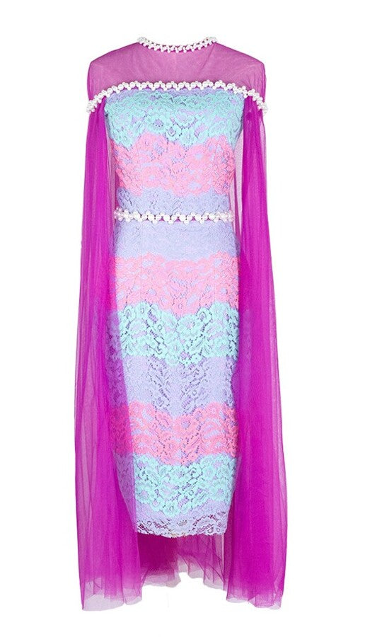 Multicoloured Lace Midi Dress With Pink Cape