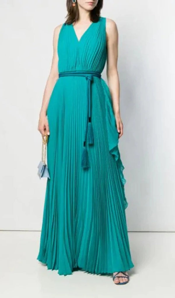 Turquoise Green Pleated Georgette Ailello Maxi Dress