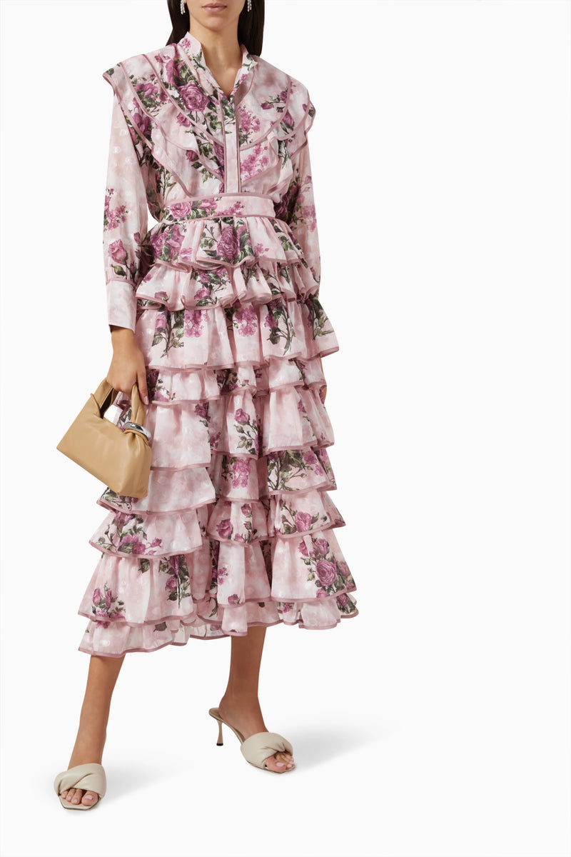 Ruffled Floral-print Top & Skirt Set in Silk Organza