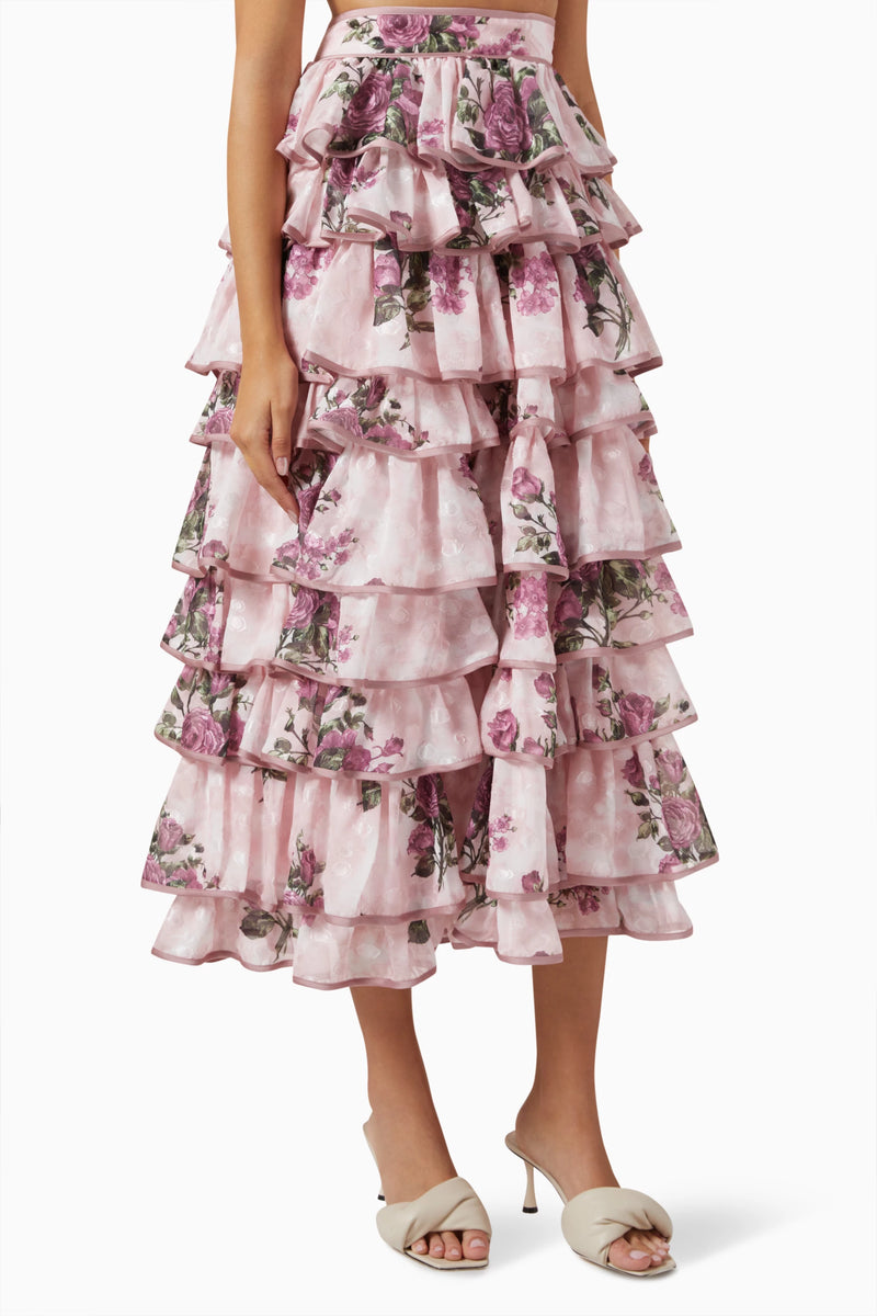 Ruffled Floral-print Top & Skirt Set in Silk Organza