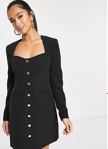 Petite gold button blazer mini dress in black