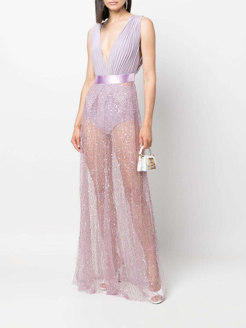 Sequin-Embellished Sheer A-Line Dress