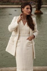 Tweed cardigan with patch pockets and pearl trim