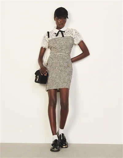 Dogtooth-print lace dress