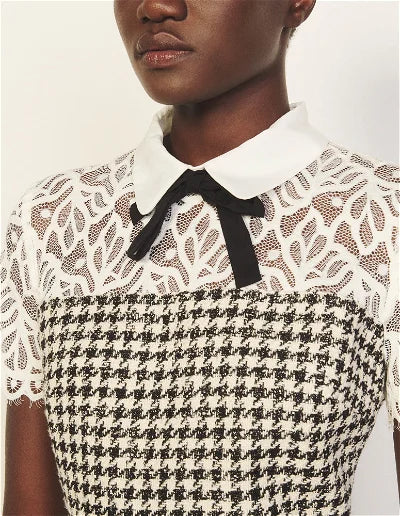 Dogtooth-print lace dress