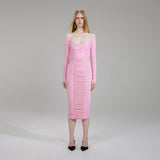 Pink Power Mesh Long Sleeve Midi Dress