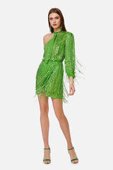 Sequin Embellished One Sleeves Green Dress