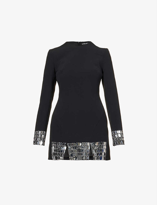 Glass-embellished long-sleeved stretch-woven mini dress