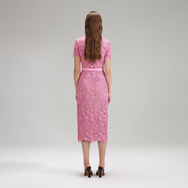 Pink Guipure Lace Midi Dress