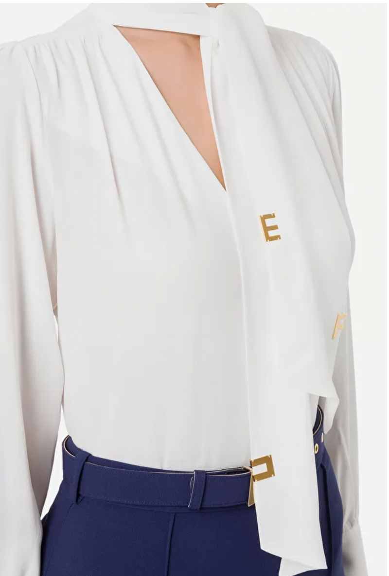 Blouse with foulard scarf and gold logo plaques