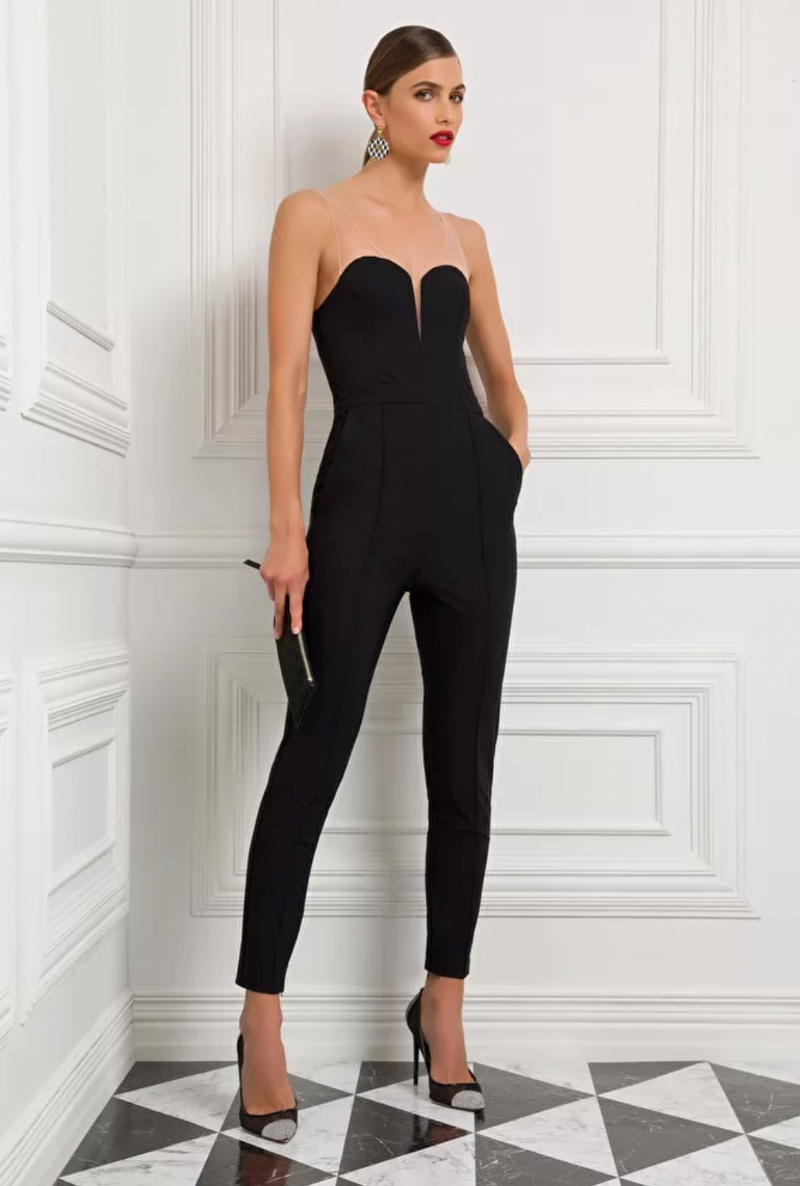 Full jumpsuit with nude effect neckline