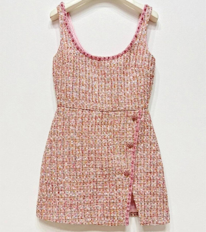 Pink Boucle Diamante Detail Dress
