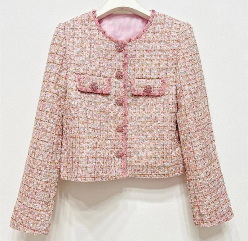 Pink Boucle Crop Jacket & Skirt