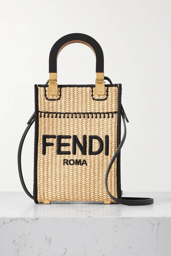 Sunshine mini leather-trimmed embroidered straw tote