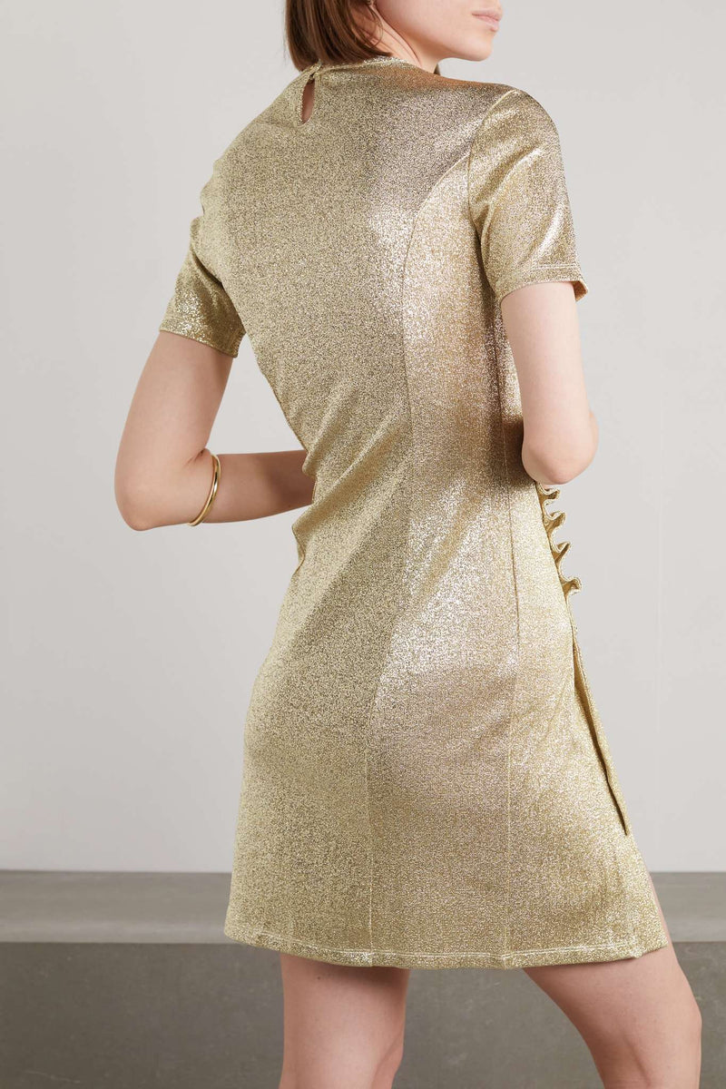 Asymmetric ruched metallic crepe mini dress
